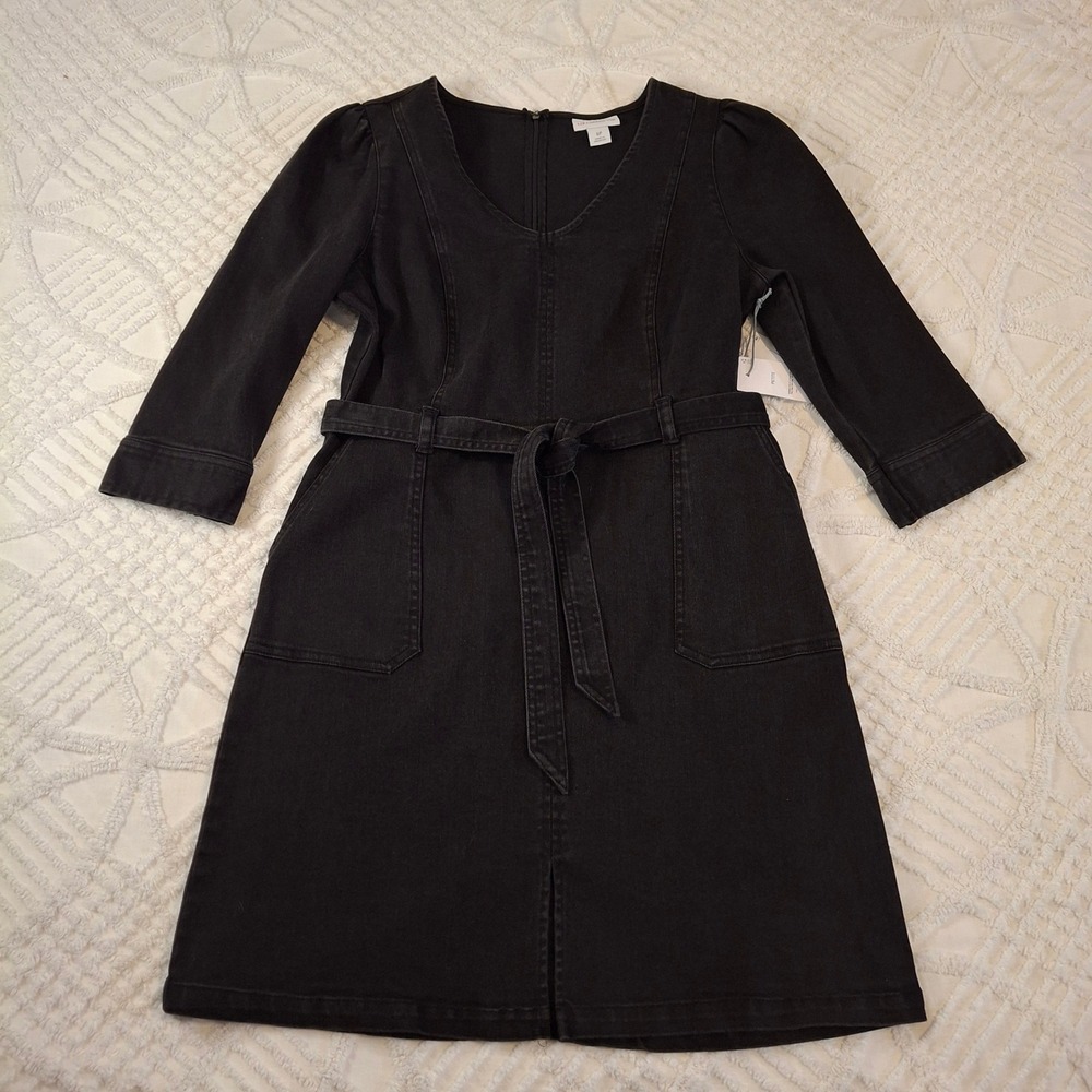 Liz Claiborne Women 6P Denim Dress Black Belted V-Neck 3/4 Sleeve Stretch Jean